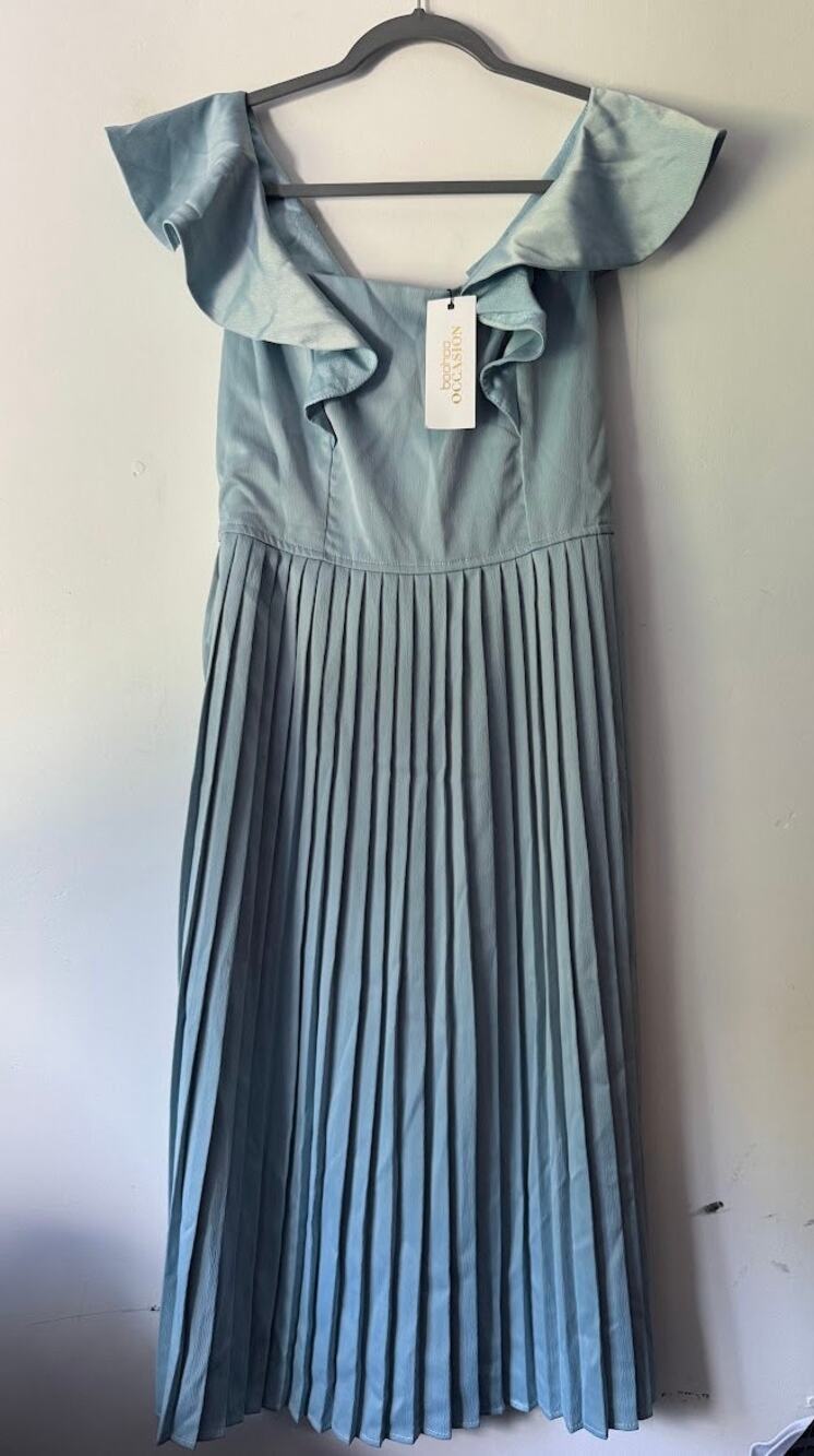 Boohoo Occasion Pleated Midi Dress Women's US 4 Blue Satin Ruffle NWT